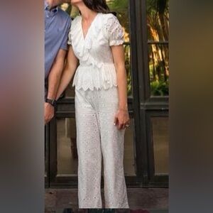 Anthropologie eri + Ali white shortsleeved eyelet jumpsuit size small cropped.